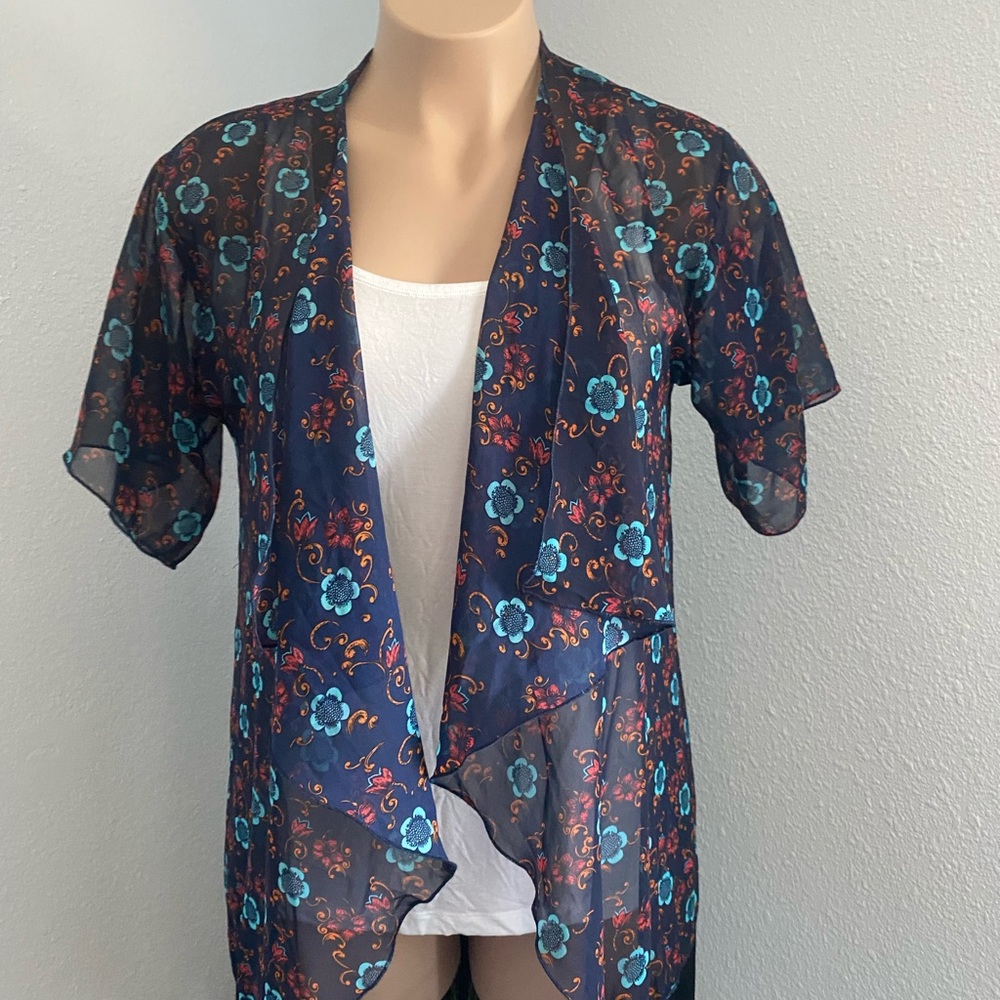 Navy Rust and Blue Floral Fringed Monroe Kimono
